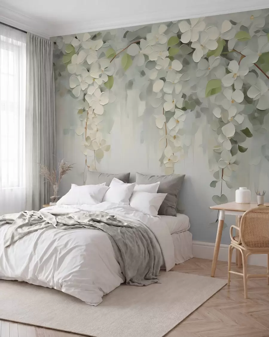 Fotobehang Abstracte schilderij met hangende bloemen (imitatie) w05641