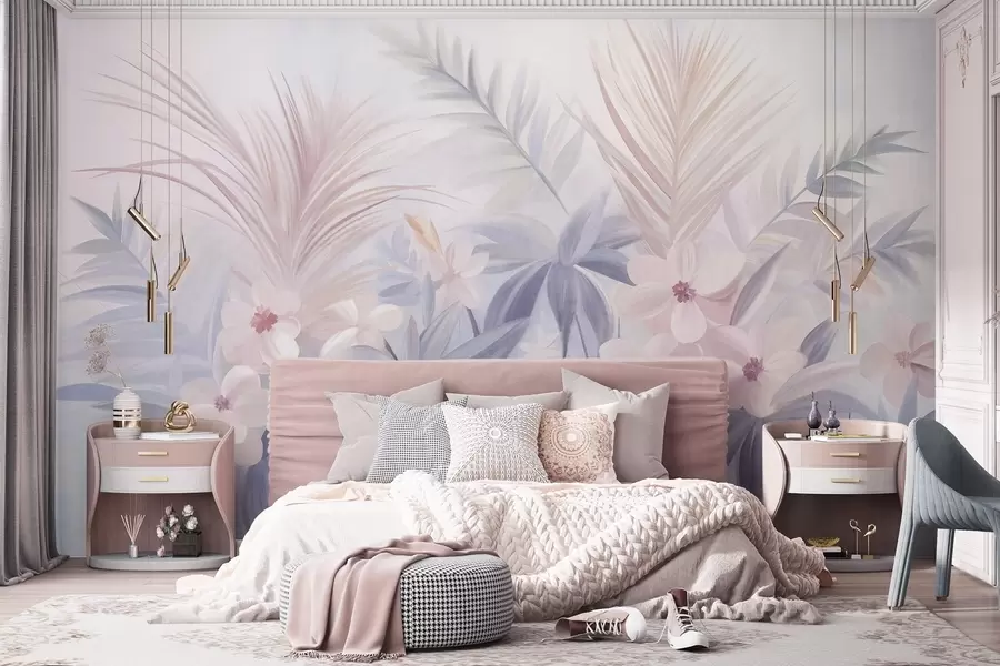 Fotobehang Tropische bloemen en palmbladeren in zachte blauw- en roze tinten, in schilderachtige stijl w09832
