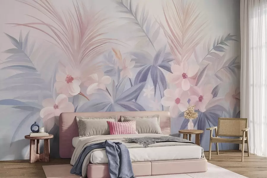 Fotobehang Tropische bloemen en palmbladeren in zachte blauw- en roze tinten, in schilderachtige stijl w09832