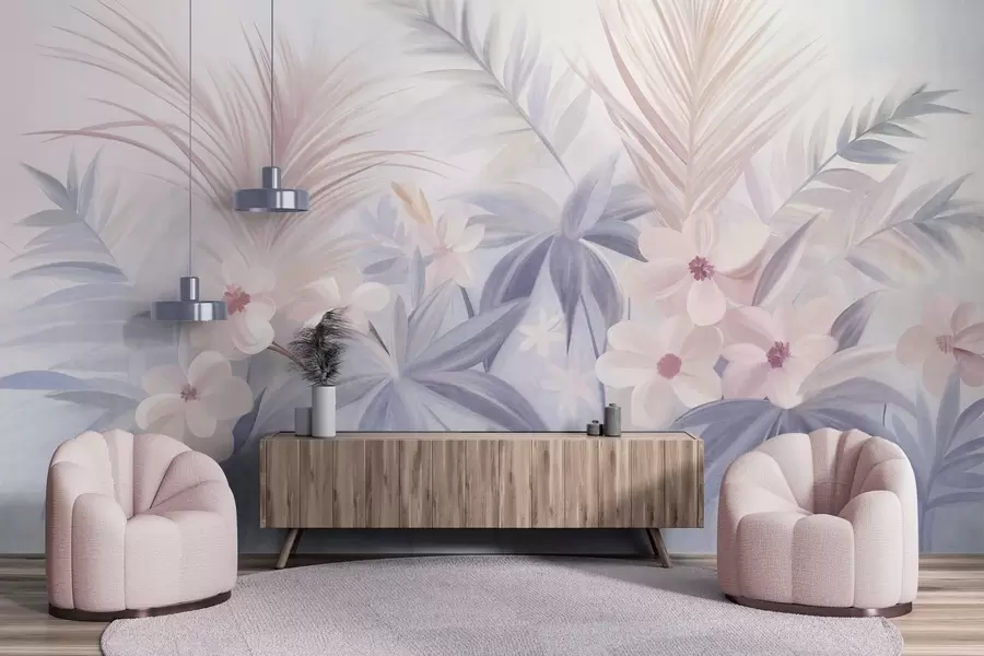 Fotobehang Tropische bloemen en palmbladeren in zachte blauw- en roze tinten, in schilderachtige stijl w09832