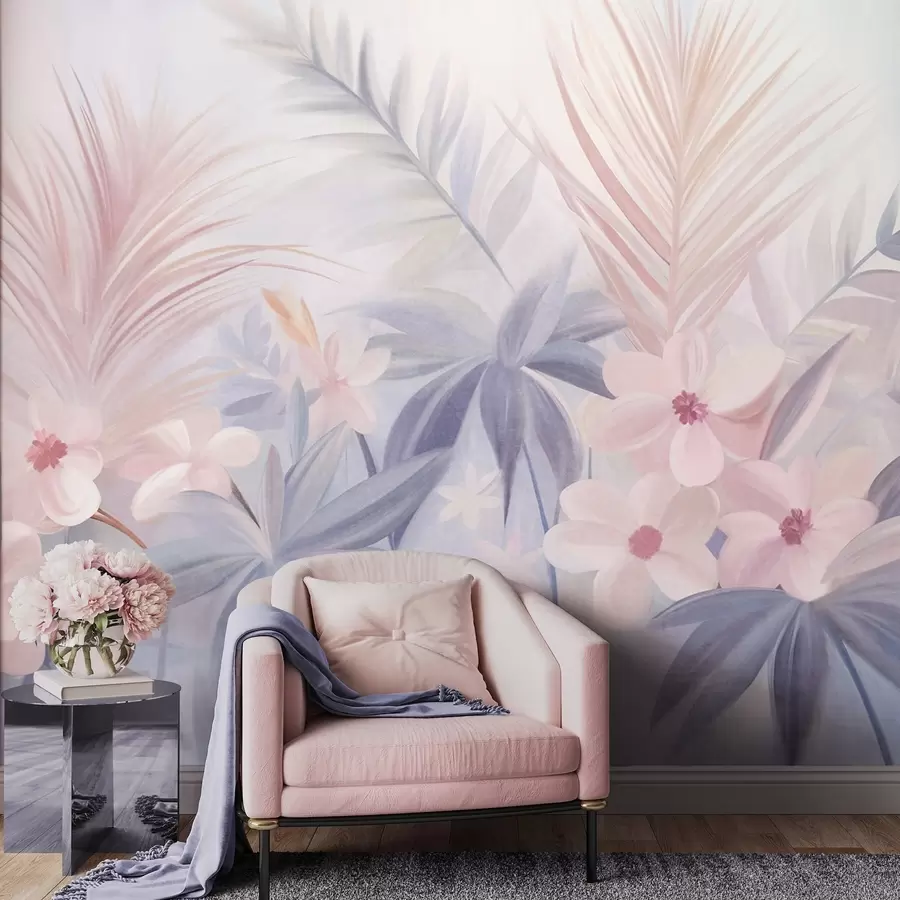 Papier peint photo Fleurs tropicales et feuilles de palmier dans des tons doux de bleu et de rose, style peinture w09832