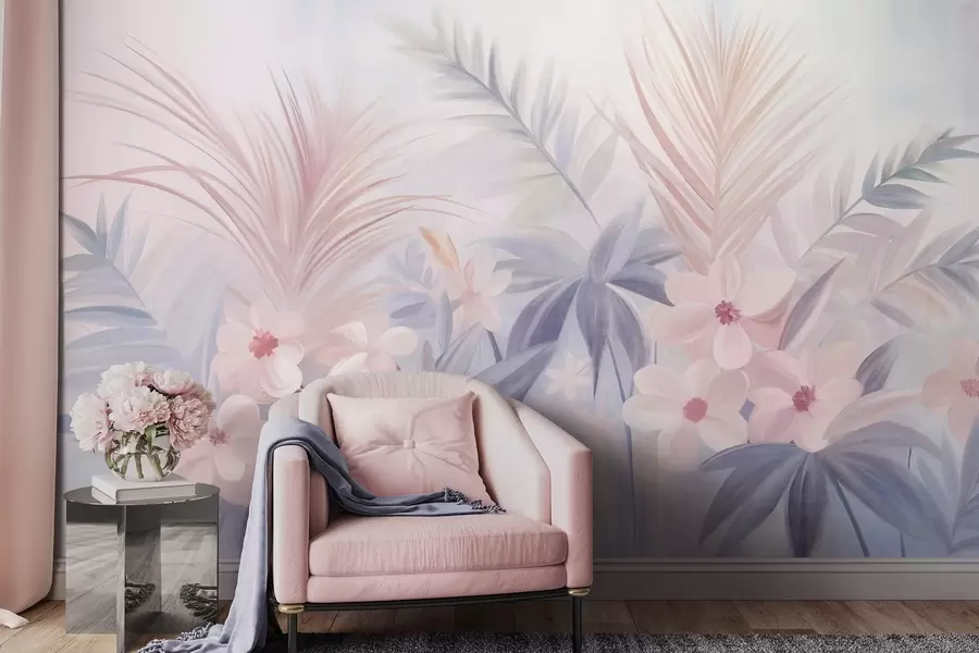 Papier peint photo Fleurs tropicales et feuilles de palmier dans des tons doux de bleu et de rose, style peinture w09832