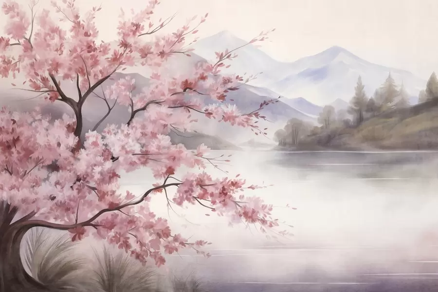 Fotobehang Landschapskunst: een boom met roze bloesem, een meer en mistige bergen op de achtergrond w09870