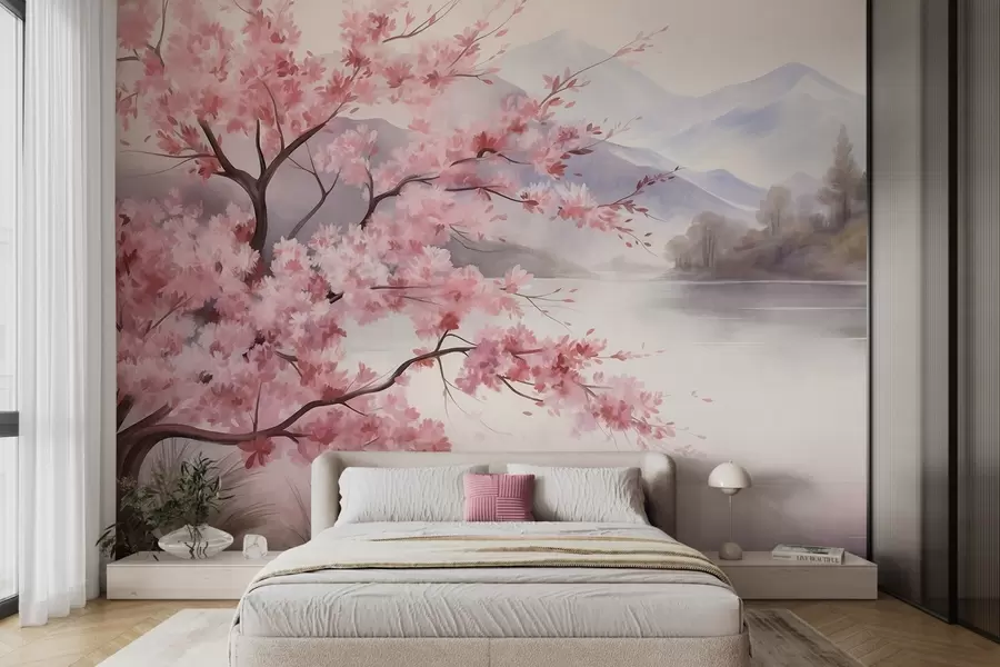Fotobehang Landschapskunst: een boom met roze bloesem, een meer en mistige bergen op de achtergrond w09870