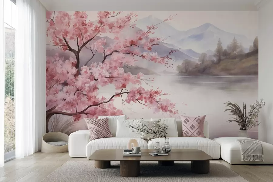 Fotobehang Landschapskunst: een boom met roze bloesem, een meer en mistige bergen op de achtergrond w09870