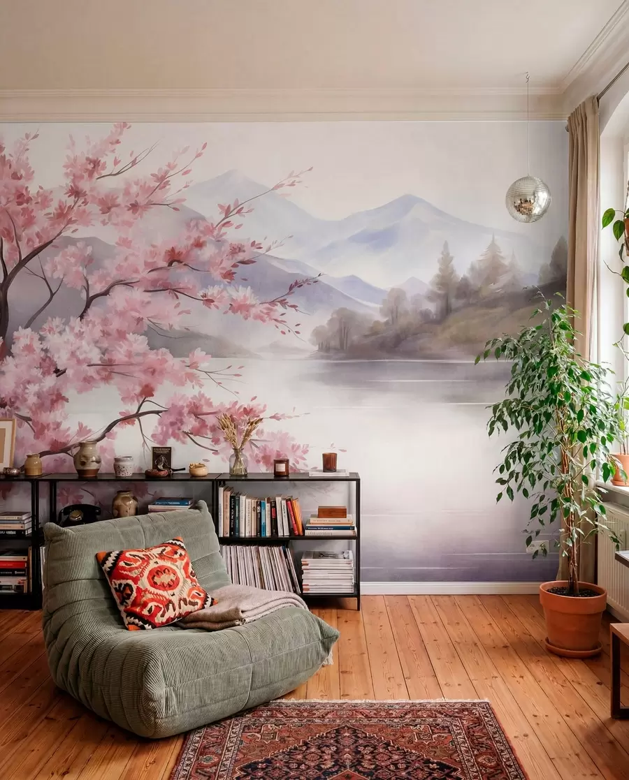 Fotobehang Landschapskunst: een boom met roze bloesem, een meer en mistige bergen op de achtergrond w09870