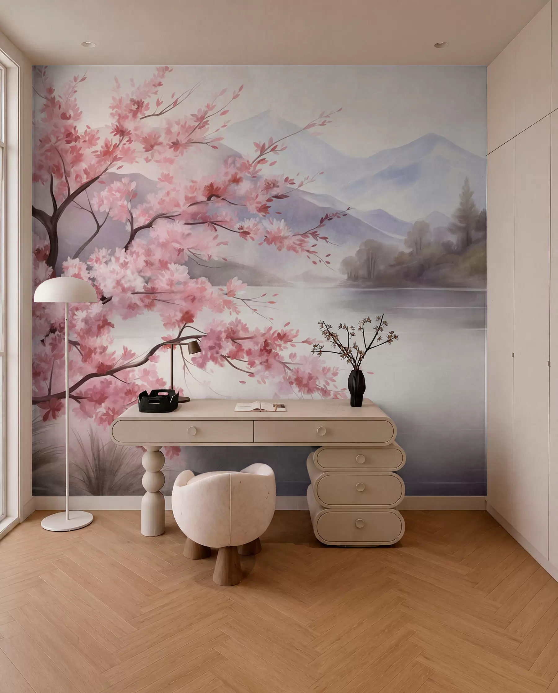 Fotobehang Landschapskunst: een boom met roze bloesem, een meer en mistige bergen op de achtergrond w09870