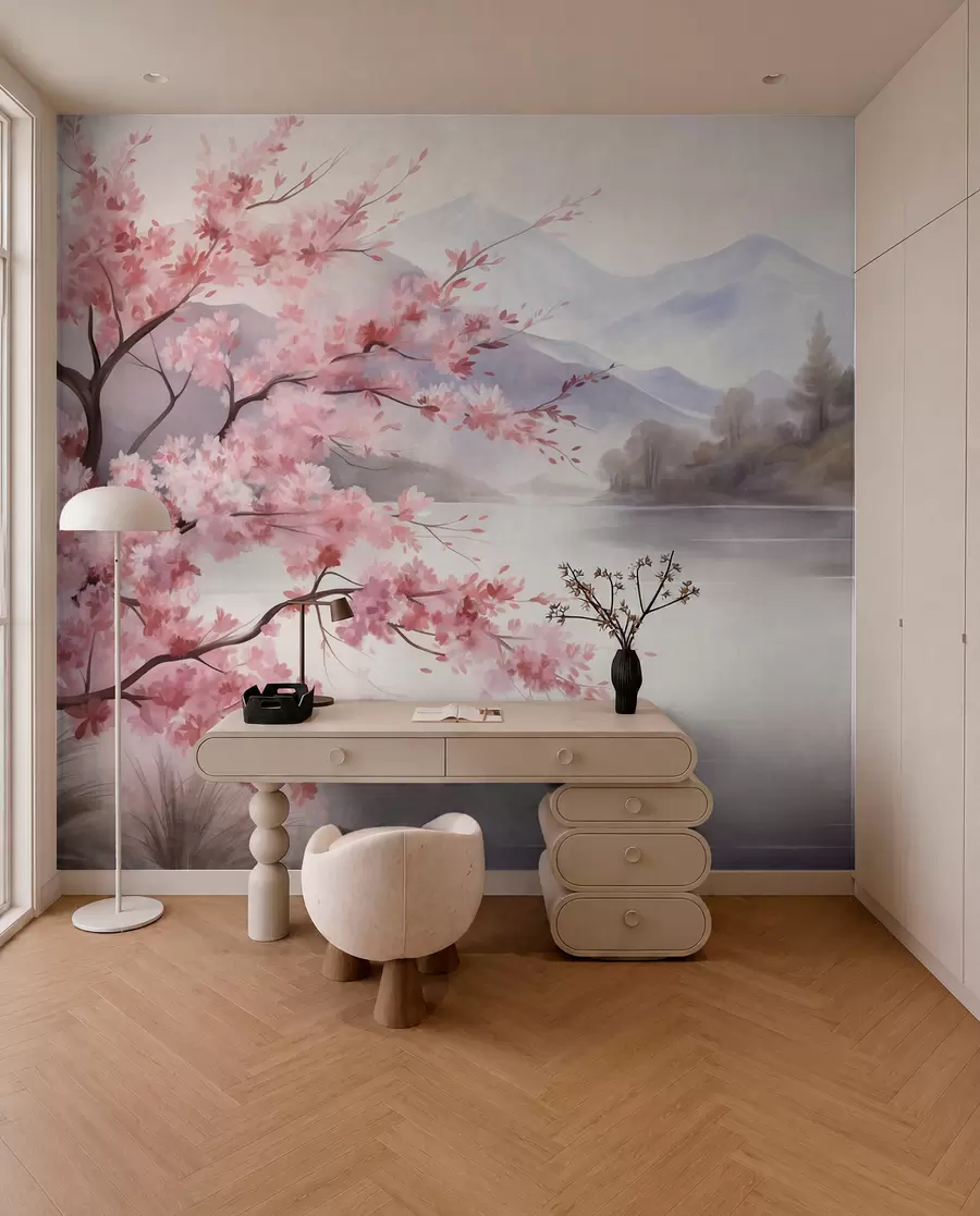 Fotobehang Landschapskunst: een boom met roze bloesem, een meer en mistige bergen op de achtergrond w09870