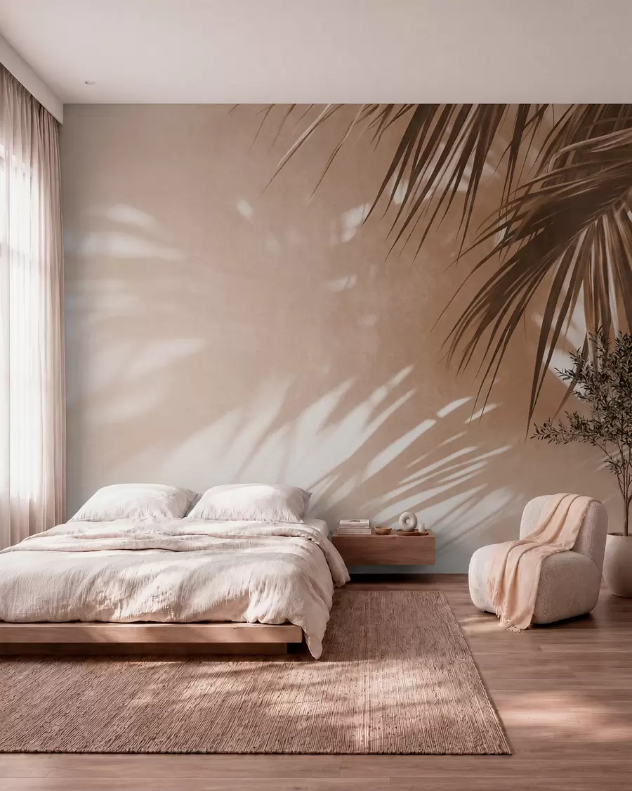 Papier peint photo Feuilles de palmier texturées avec des ombres, ambiance tropicale, minimalisme w09890