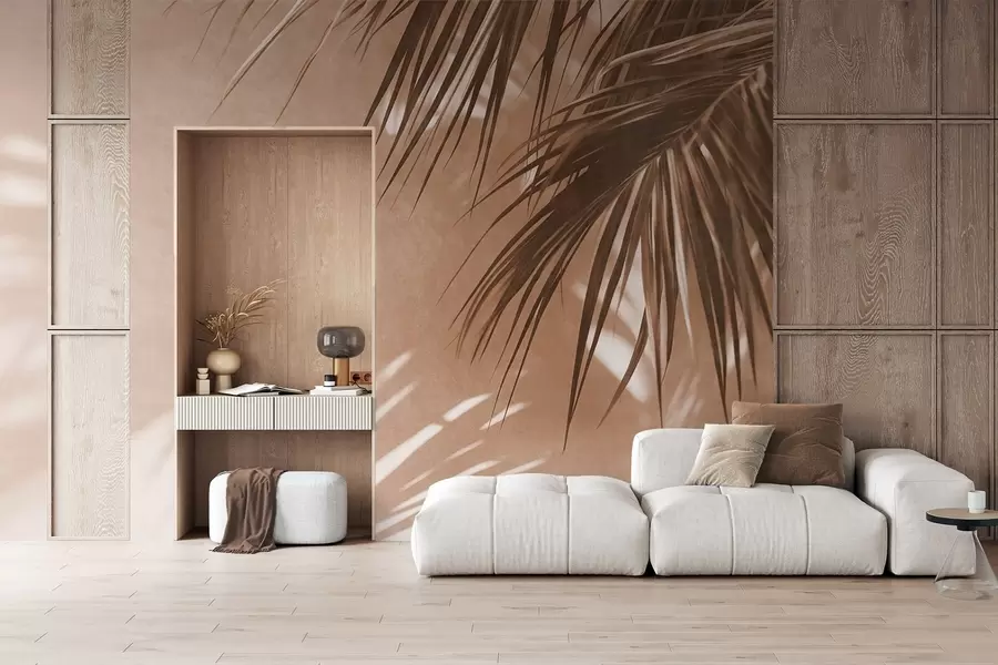 Fotobehang Palmbladeren met reliëf en schaduwen, een tropische sfeer, minimalisme w09890
