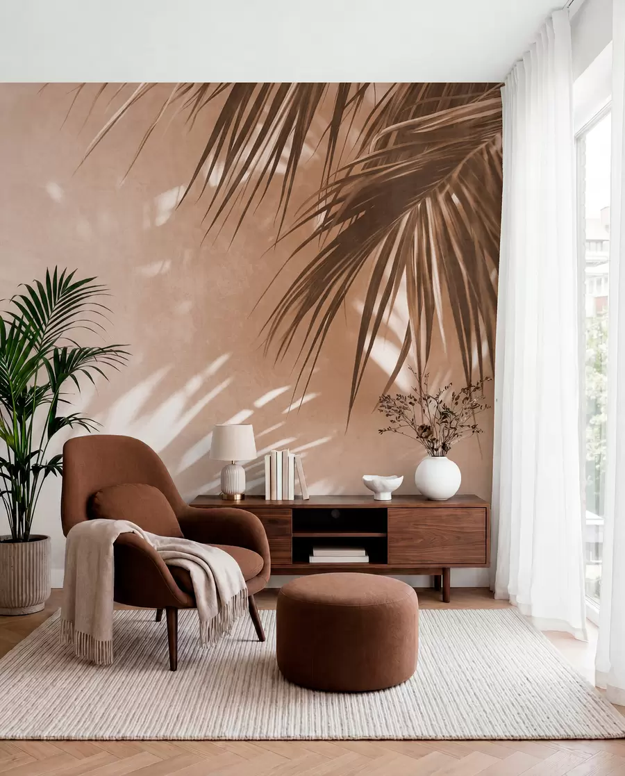 Fotobehang Palmbladeren met reliëf en schaduwen, een tropische sfeer, minimalisme w09890