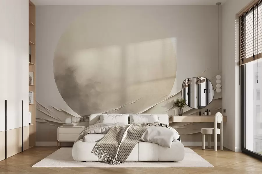 Fotobehang Abstracte, golvende, crèmekleurige vormen met een grote, bleke bol; minimalistische moderne kunst w09895