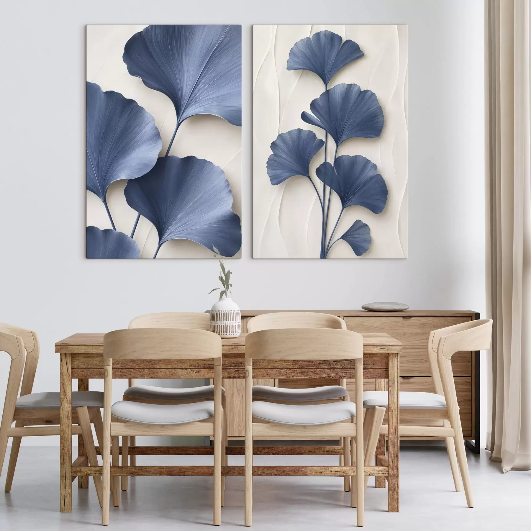  Schilderijen Ginkgobladeren aan een tak, een platte afbeelding met een imitatie van het effect van diepte en ruimtelijkheid m30524