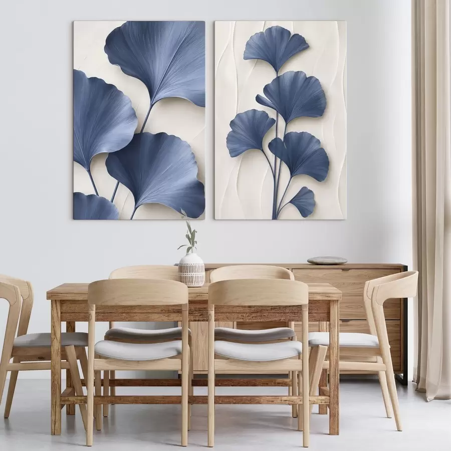 Fotobehang Ginkgobladeren aan een tak, een platte afbeelding met een imitatie van het effect van diepte en ruimtelijkheid m30524