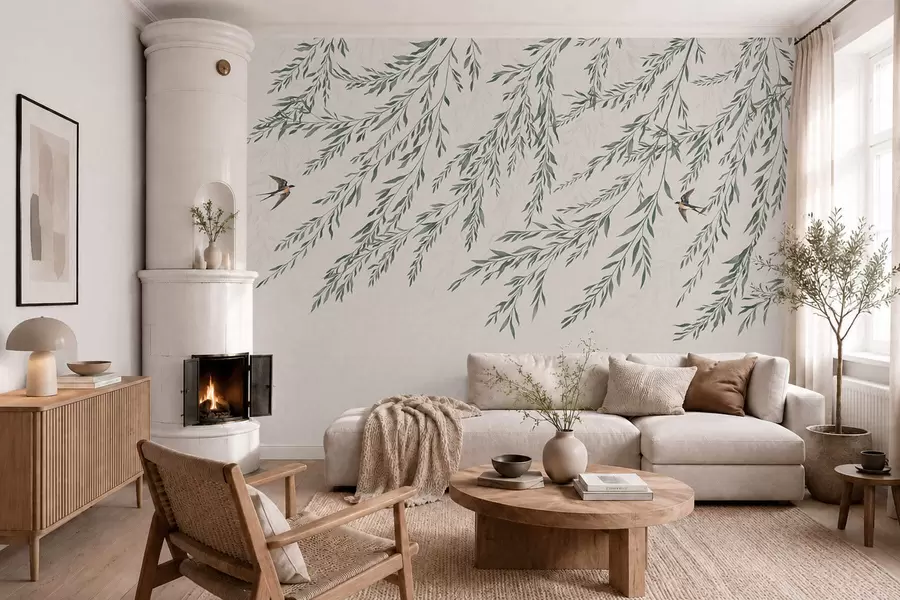 Fotobehang Groene takken en vogels op een lichte achtergrond w05630