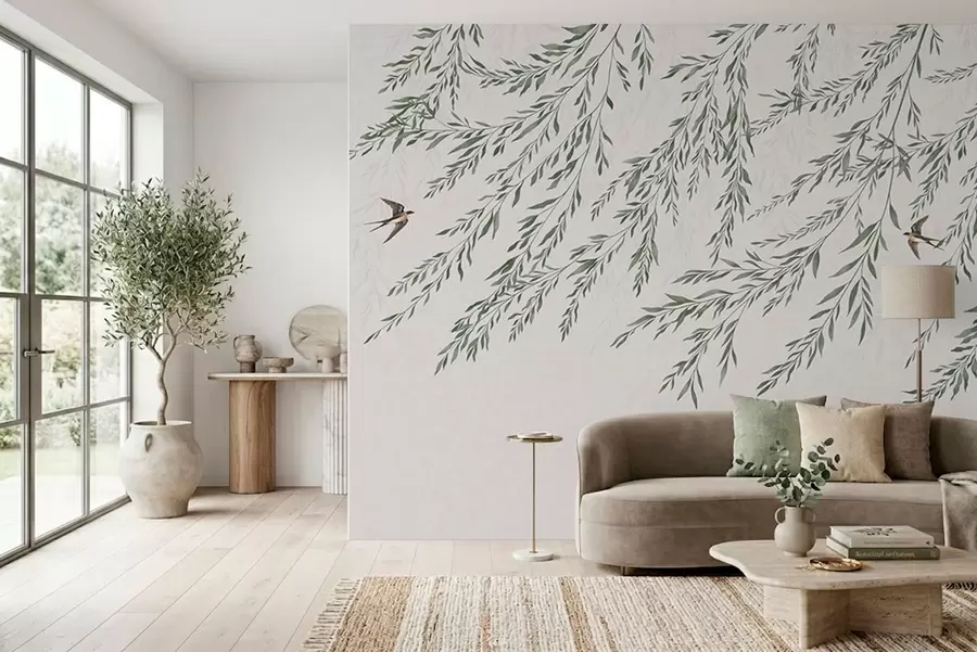 Fotobehang Groene takken en vogels op een lichte achtergrond w05630