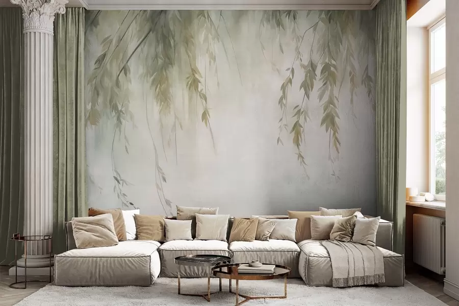 Fotobehang Wilgentakken met lichtgroene bladeren die naar beneden hangen tegen een ingetogen achtergrond in aquarelstijl w09893