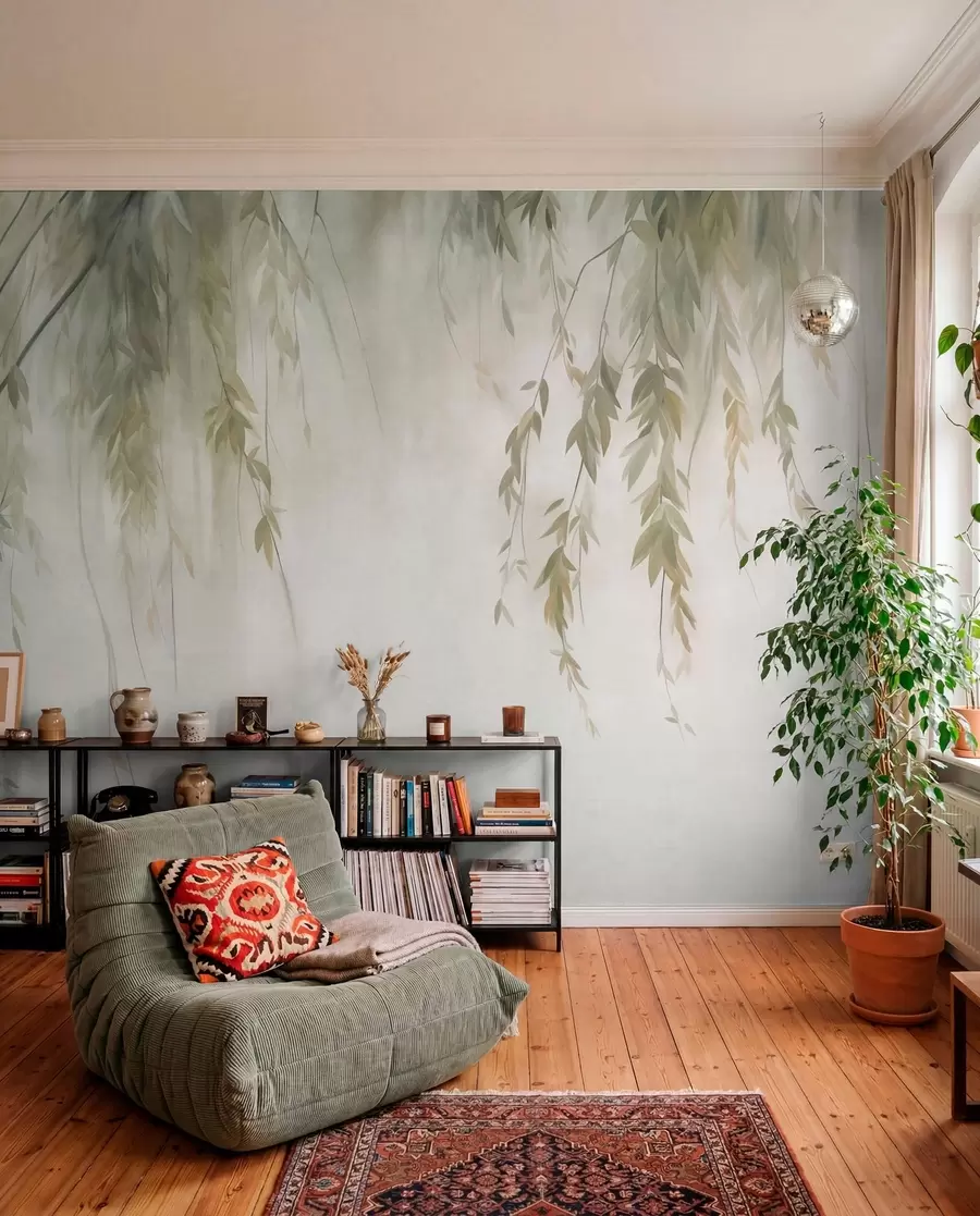 Fotobehang Wilgentakken met lichtgroene bladeren die naar beneden hangen tegen een ingetogen achtergrond in aquarelstijl w09893