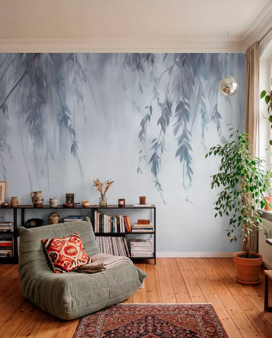Fotobehang Wilgentakken met lichtblauwe bladeren die naar beneden hangen tegen een ingetogen achtergrond in aquarelstijl w09893v2
