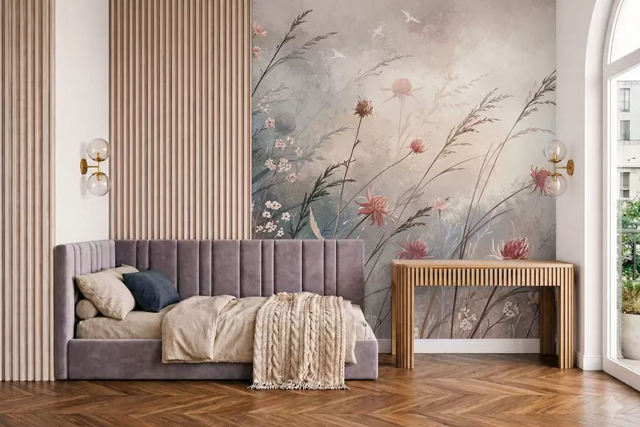 Fotobehang Tere wilde bloemen in een mistig pastelkleurig landschap w05538