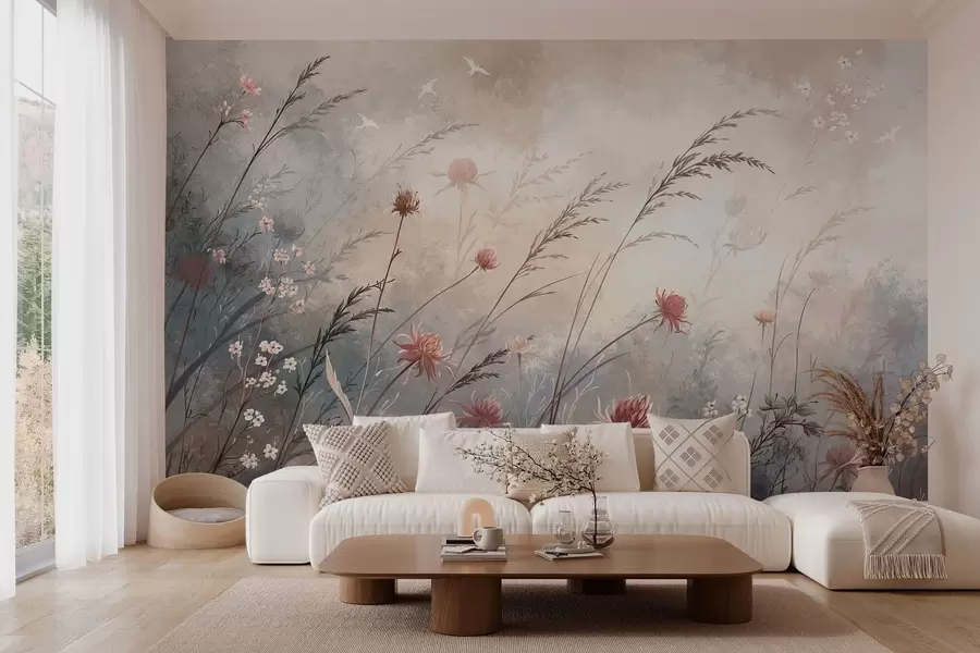 Fotobehang Tere wilde bloemen in een mistig pastelkleurig landschap w05538