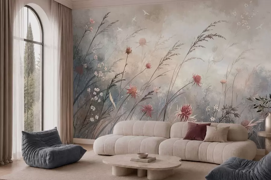 Fotobehang Tere wilde bloemen in een mistig pastelkleurig landschap w05538