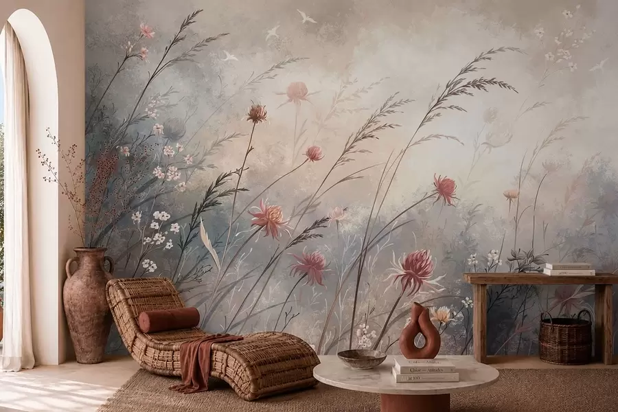 Fotobehang Tere wilde bloemen in een mistig pastelkleurig landschap w05538