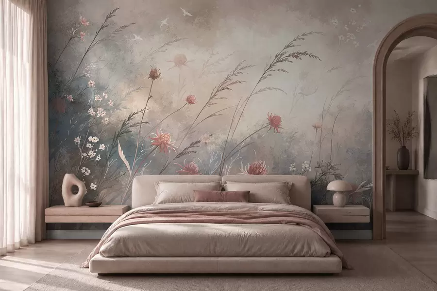 Fotobehang Pastelkleurige wilde bloemen tegen een zacht, wazige achtergrond w05538v1