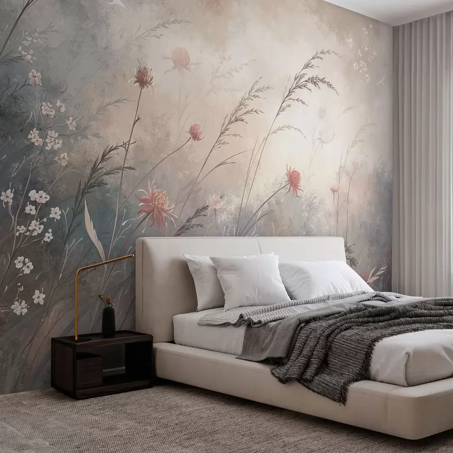 Fotobehang Pastelkleurige wilde bloemen tegen een zacht, wazige achtergrond w05538v1