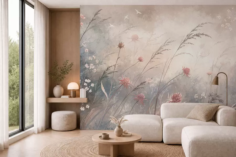 Fotobehang Pastelkleurige wilde bloemen tegen een zacht, wazige achtergrond w05538v1
