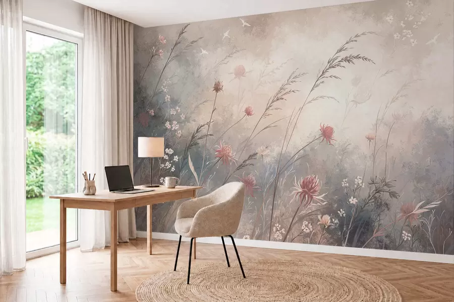 Fotobehang Pastelkleurige wilde bloemen tegen een zacht, wazige achtergrond w05538v1