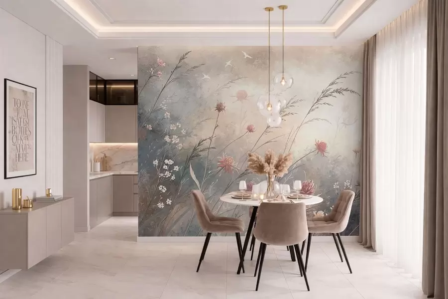 Fotobehang Pastelkleurige wilde bloemen tegen een zacht, wazige achtergrond w05538v1