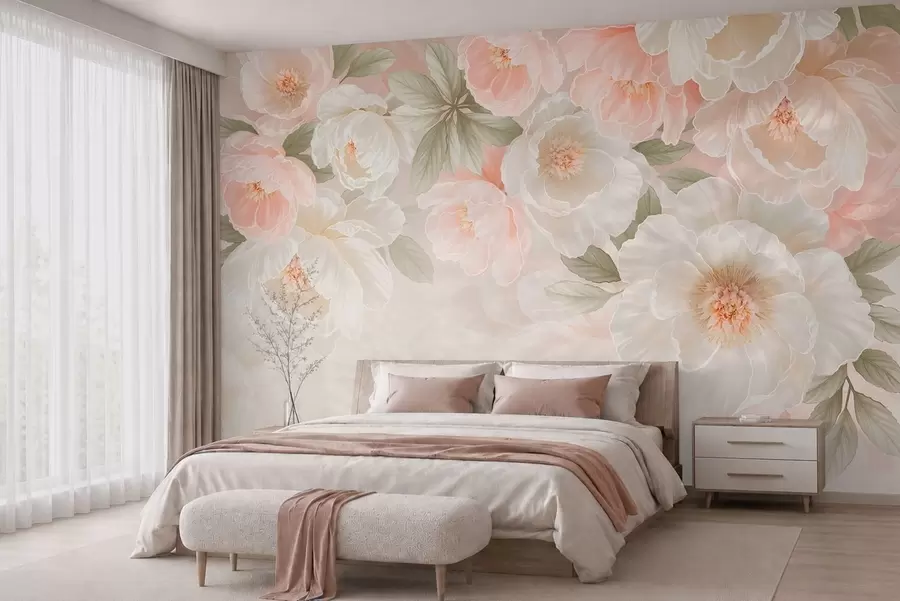 Fotobehang Grote, sierlijke bloemen in roze en crèmekleurige tinten w05540