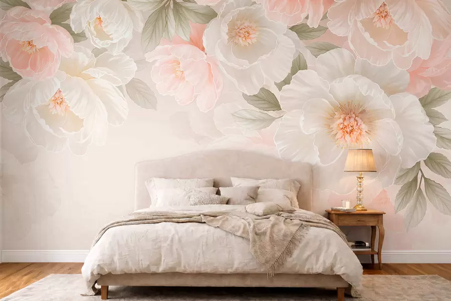 Fotobehang Grote, sierlijke bloemen in roze en crèmekleurige tinten w05540