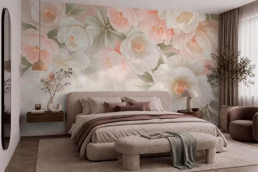 Fotobehang Grote, sierlijke bloemen in roze en crèmekleurige tinten w05540