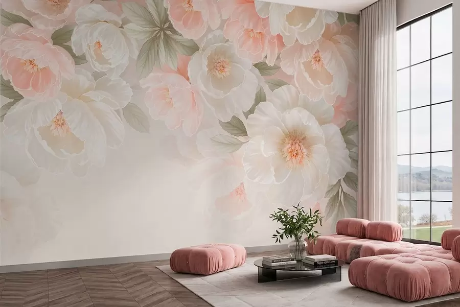 Fotobehang Grote, sierlijke bloemen in roze en crèmekleurige tinten w05540