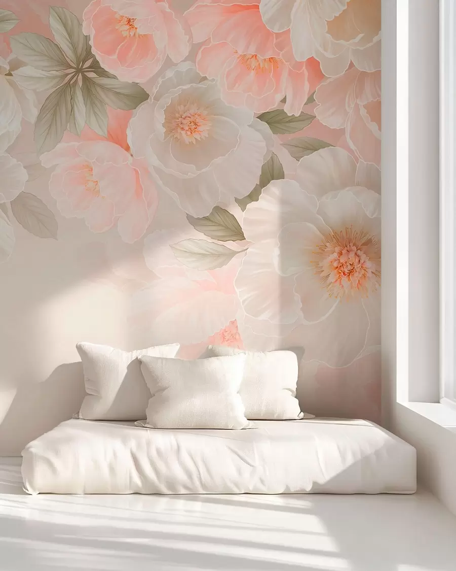 Fotobehang Grote, sierlijke bloemen in roze en crèmekleurige tinten w05540