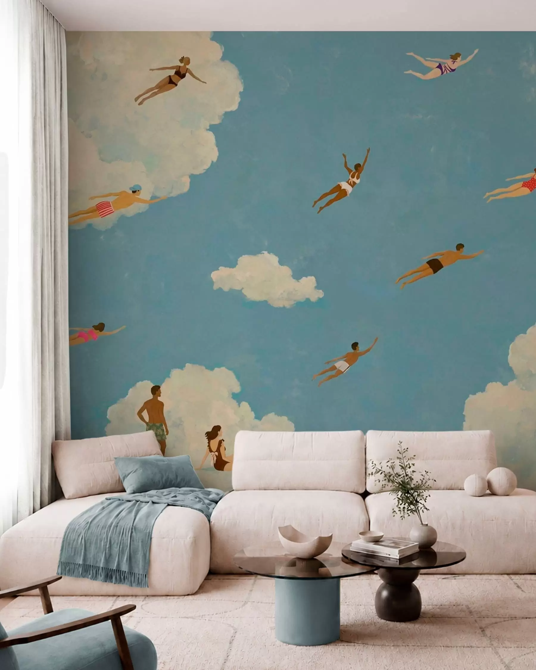 Fotobehang Mensen die tussen de wolken zweven in een blauwe lucht w05628