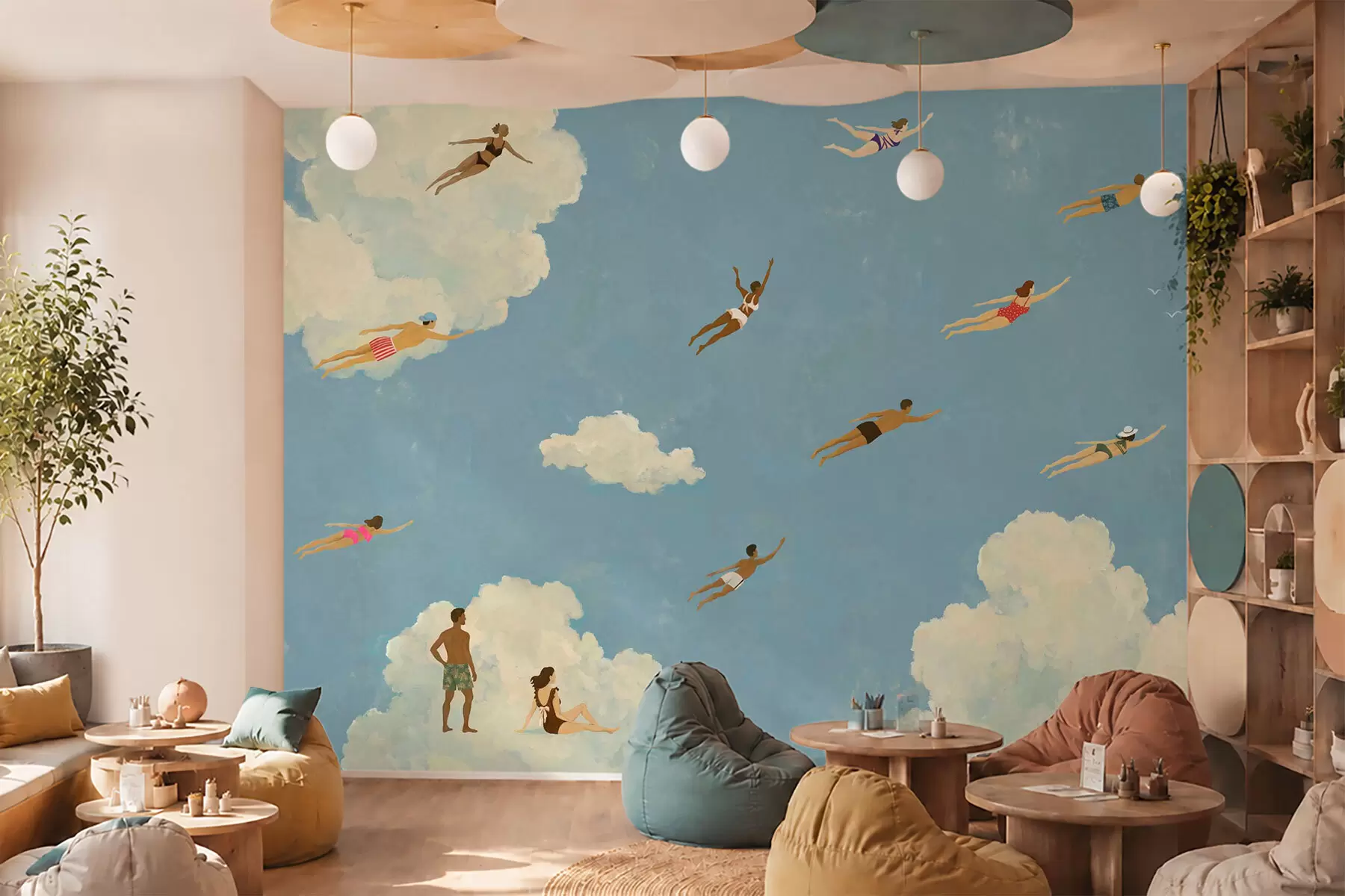 Fotobehang Mensen die tussen de wolken zweven in een blauwe lucht w05628