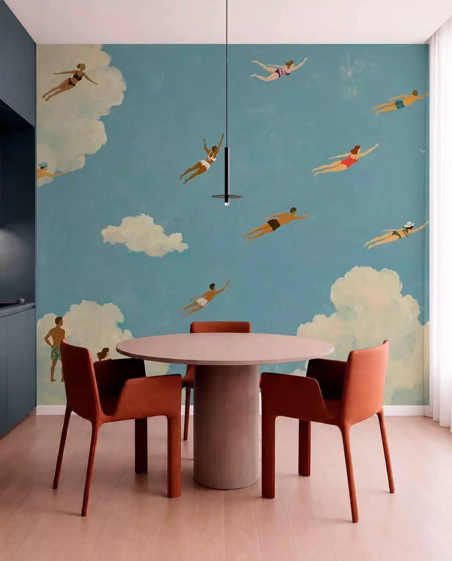 Papier peint photo Des gens flottant parmi les nuages dans un ciel bleu w05628