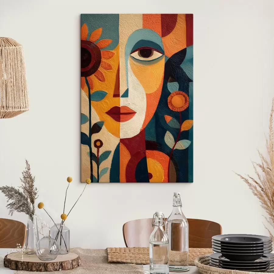  Peintures Portrait abstrait d'une jeune fille avec des fleurs, dans un style ethnique s49228