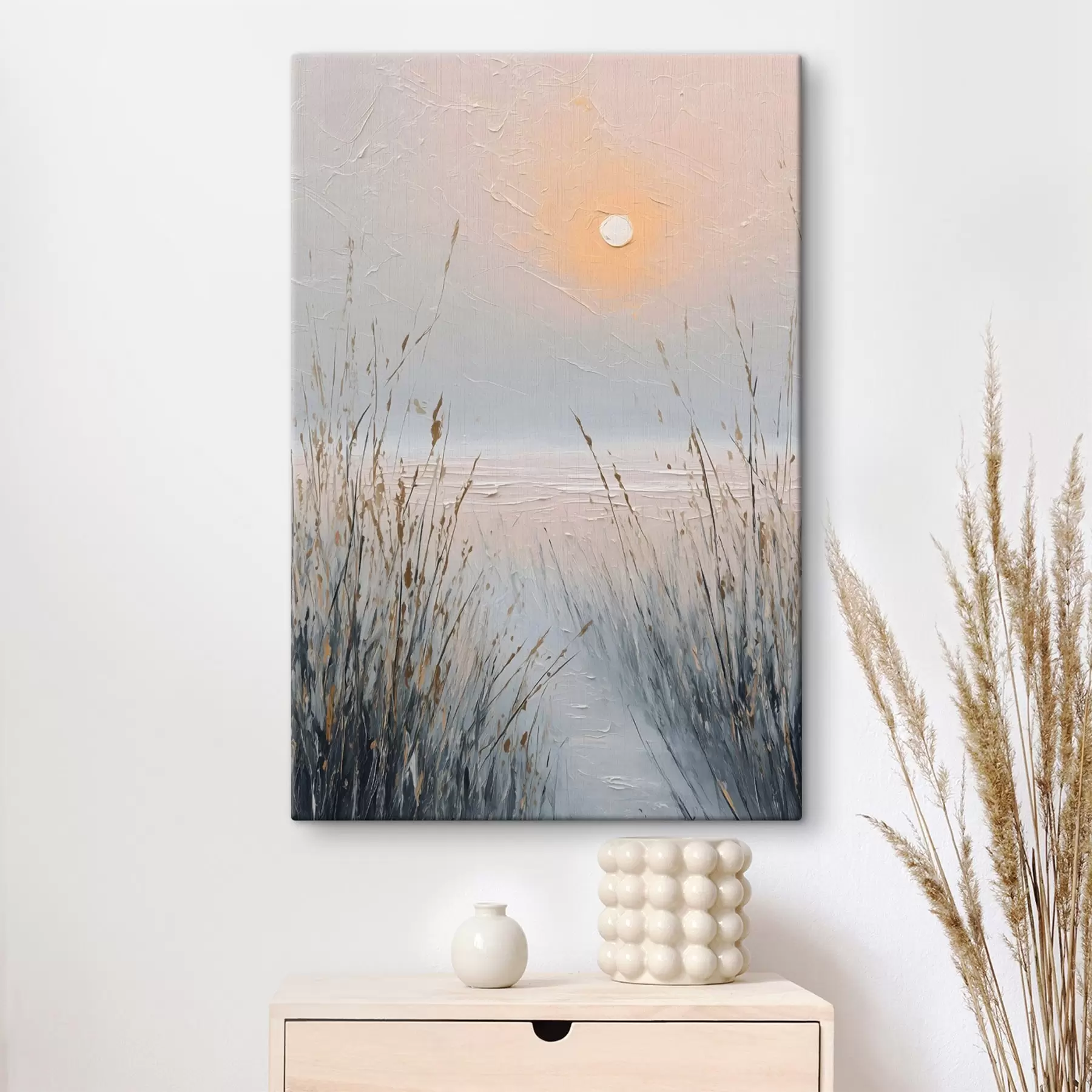  Schilderijen Een mistige zonsondergang tussen het gras s49236