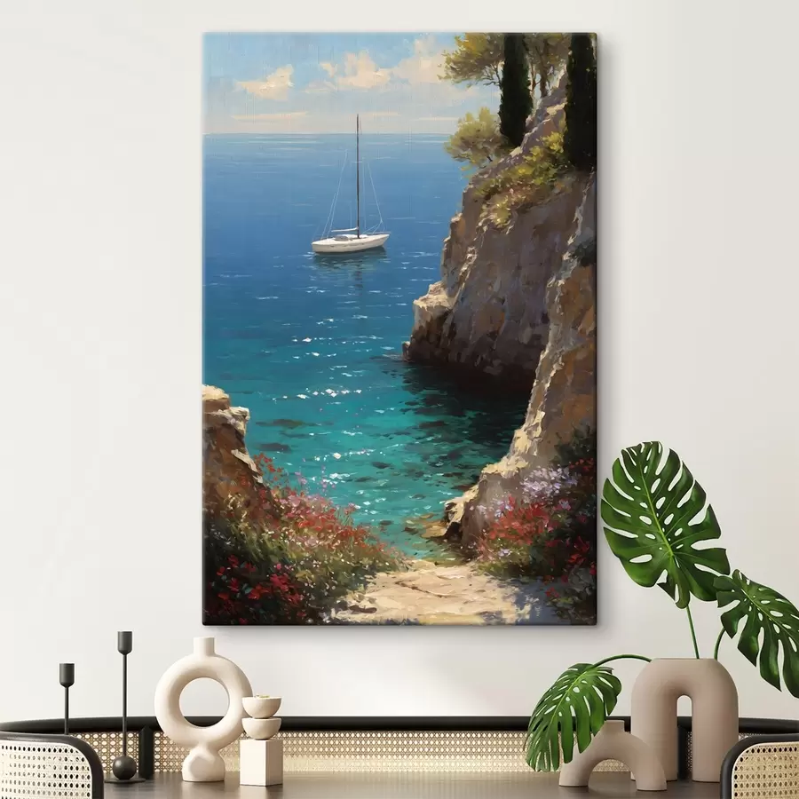 Schilderijen Een zeehaven met een jacht, geschilderd in de stijl van een olieverfschilderij s49240