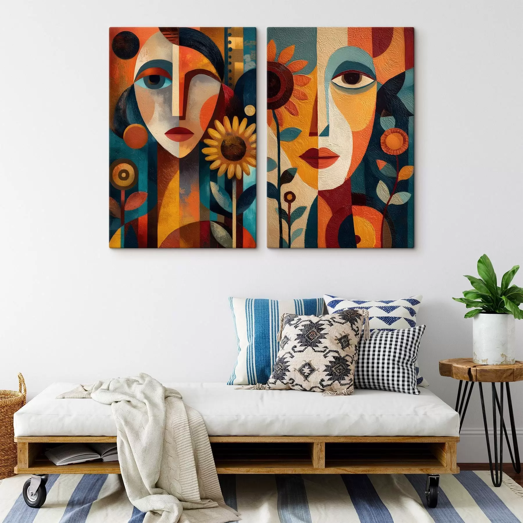  Peintures Portraits abstraits de jeunes filles avec des fleurs, dans un style ethnique m30532