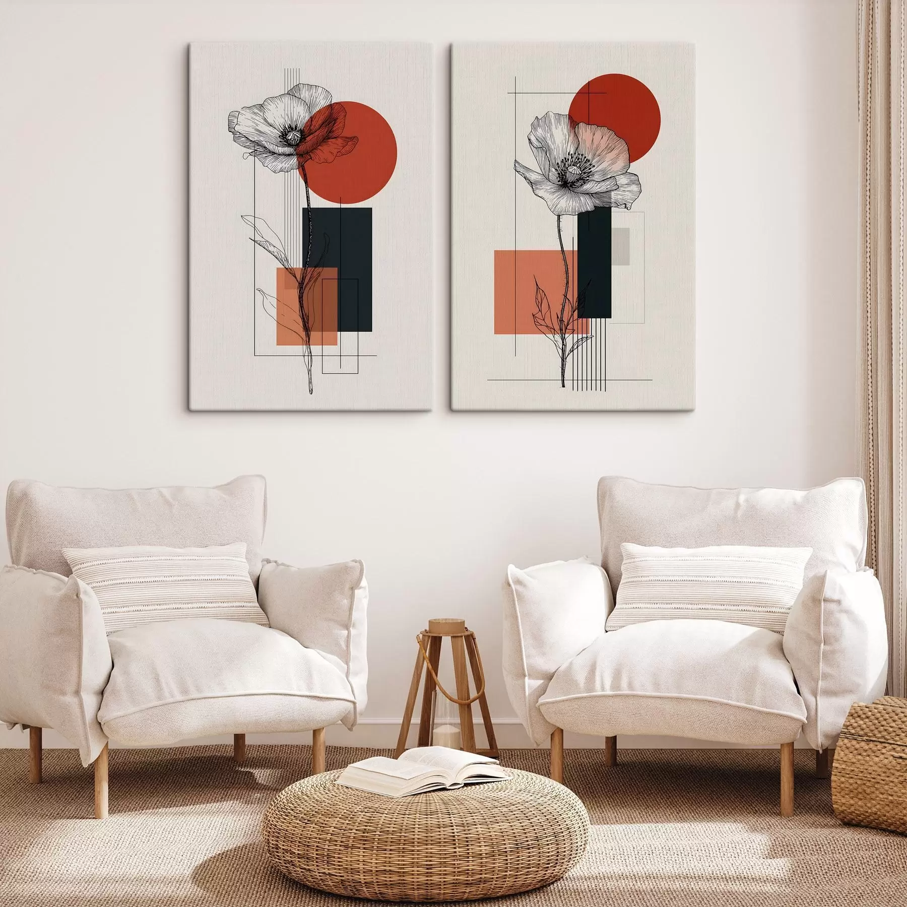  Peintures Des coquelicots stylisés sur un fond géométrique m30533