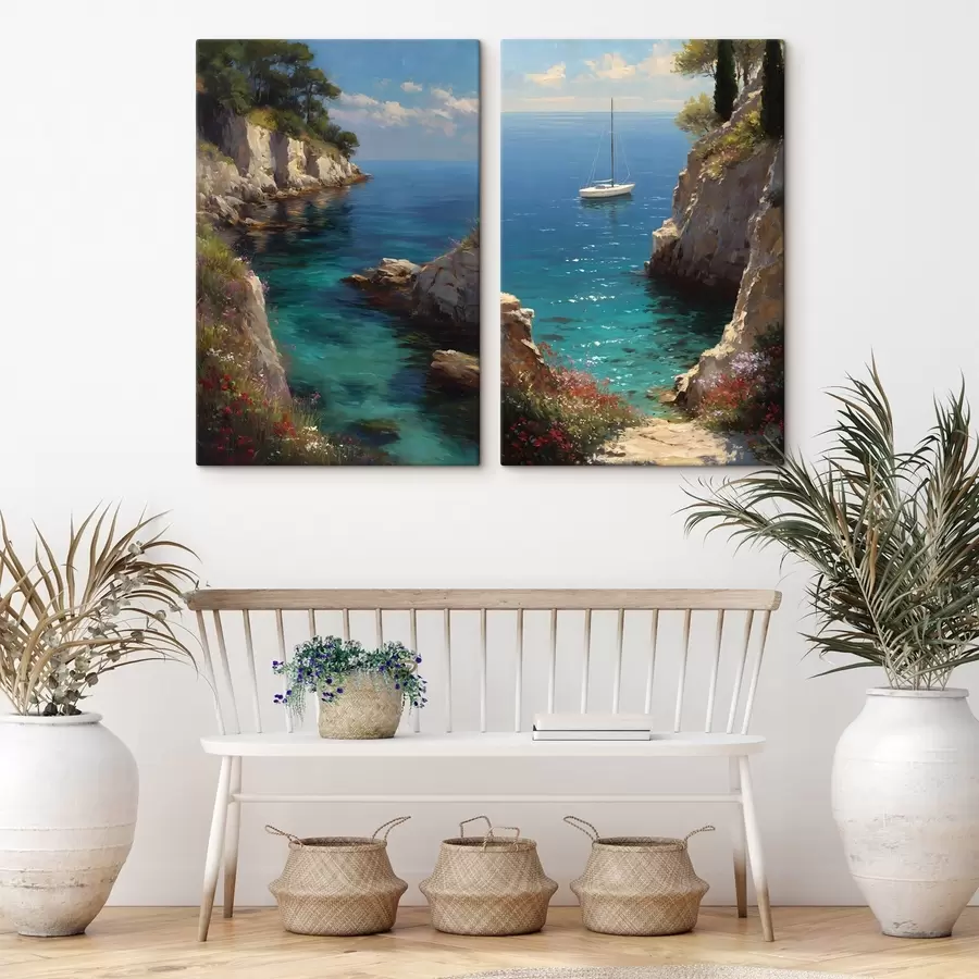  Schilderijen Een zeehaven met een jacht, geschilderd in de stijl van een olieverfschilderij m30538
