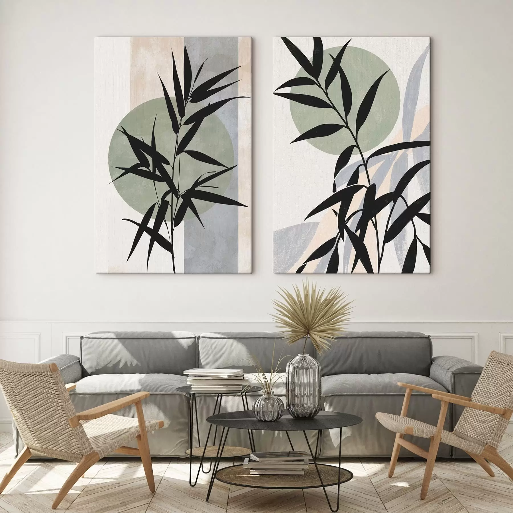  Schilderijen Een abstracte compositie met silhouetten van bladeren en cirkels m30525