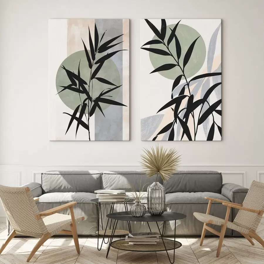  Schilderijen Een abstracte compositie met silhouetten van bladeren en cirkels m30525
