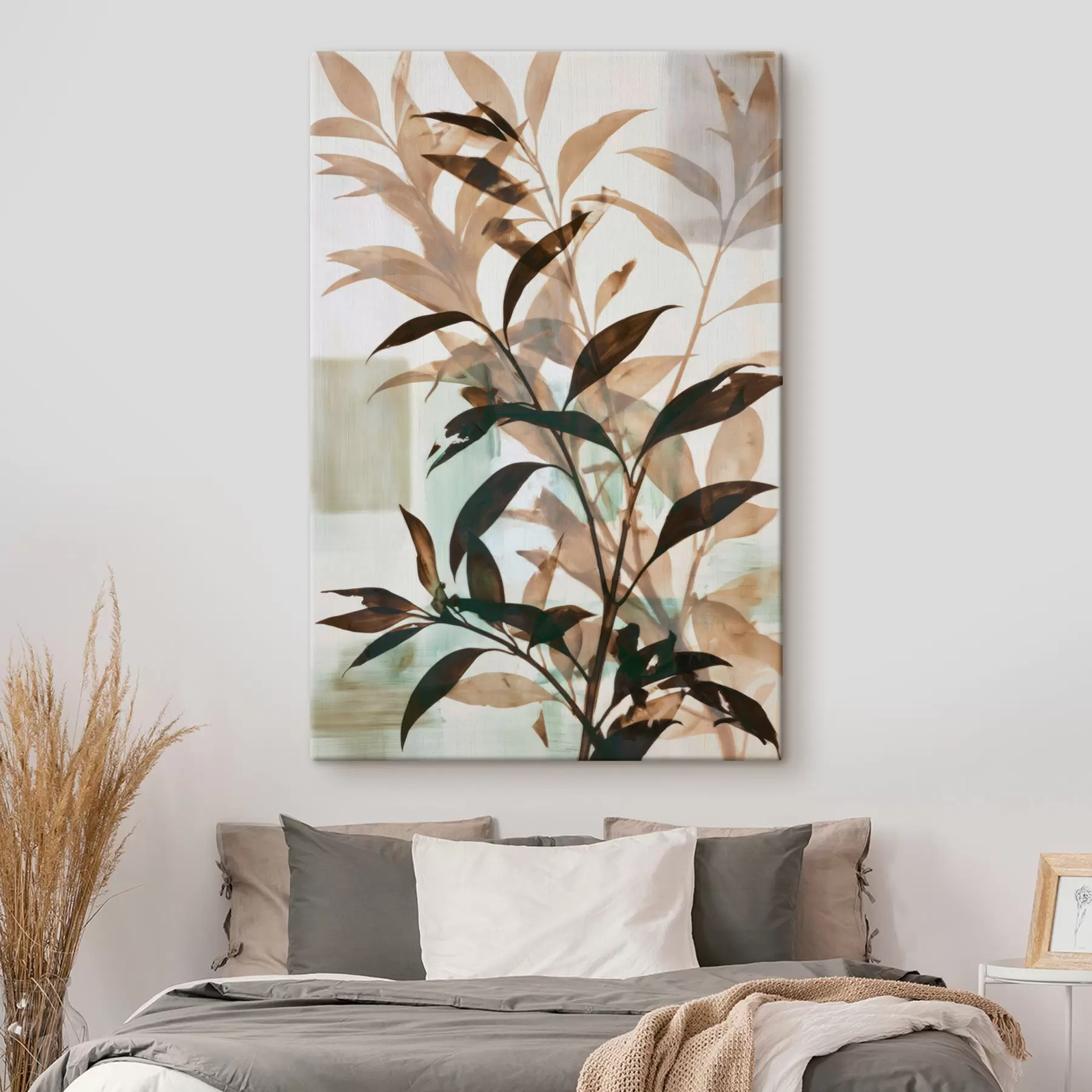  Schilderijen Een abstracte compositie met silhouetten van bladeren en cirkels s49346