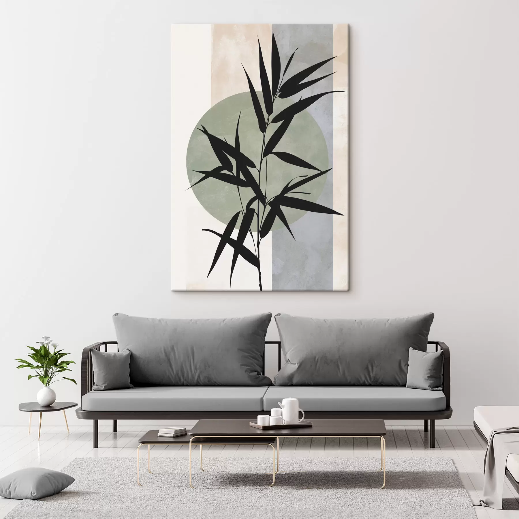  Schilderijen Een abstracte compositie met silhouetten van bladeren en cirkels s49363